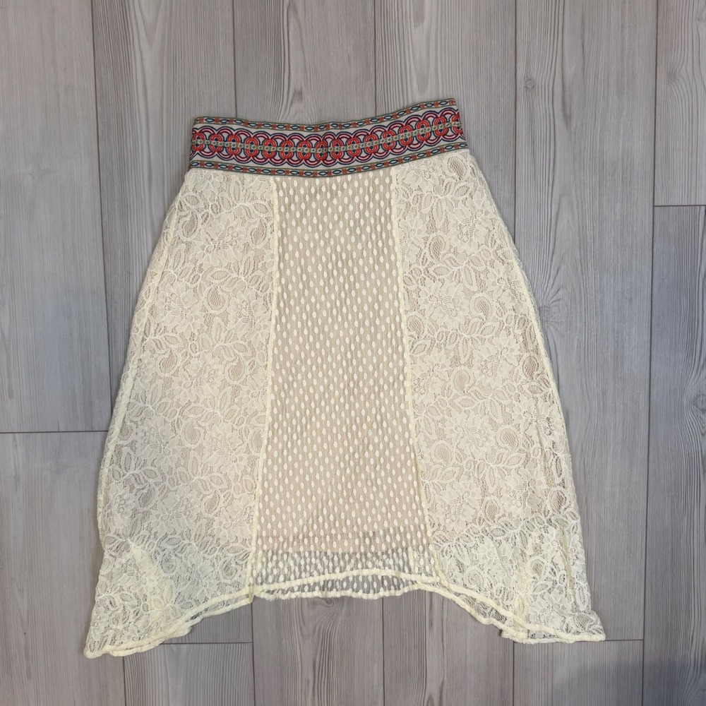 Flying Tomato Cream Floral Lace Mesh Sharkbite Midi Skirt Boho Embroidered Large